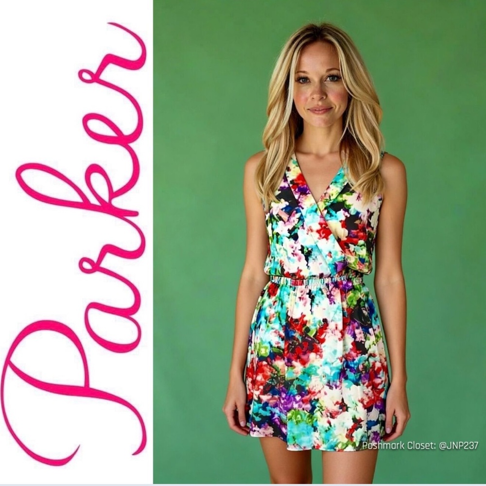 { Parker NY } “Maya” Faux Wrap Silk Mini Dress in Abstract Floral